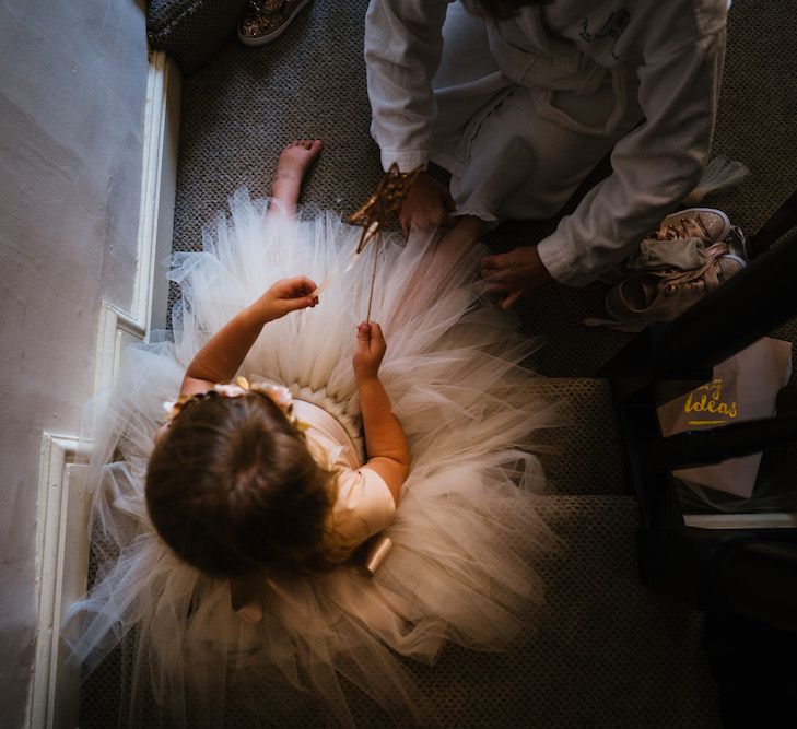 Wedding Morning Preparations | Flower Girl in Tutu | Edison Bulb Floral Installation at Kingsthorpe Lodge Barn Wedding | Johnny Dent Photography