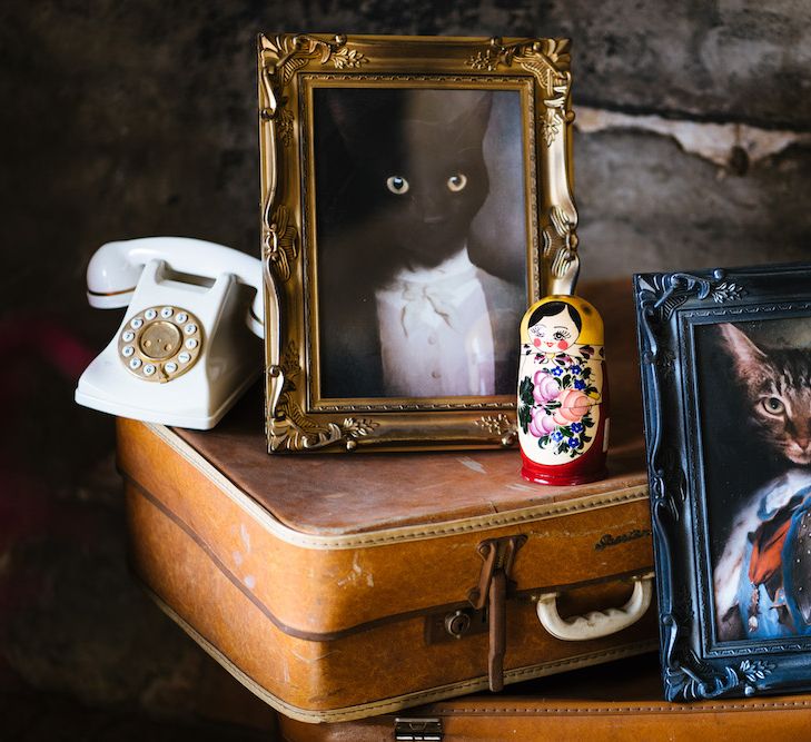 Wedding Reception Decor | Vintage Suitcases | Cat Portraits | Edison Bulb Floral Installation at Kingsthorpe Lodge Barn Wedding | Johnny Dent Photography