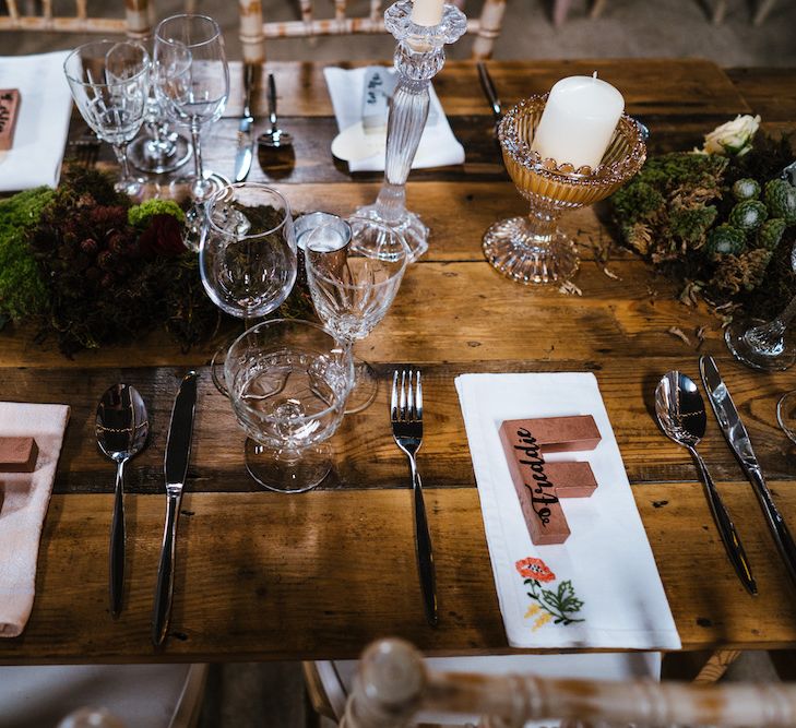 Wedding Reception Decor | Place Settings | Edison Bulb Floral Installation at Kingsthorpe Lodge Barn Wedding | Johnny Dent Photography