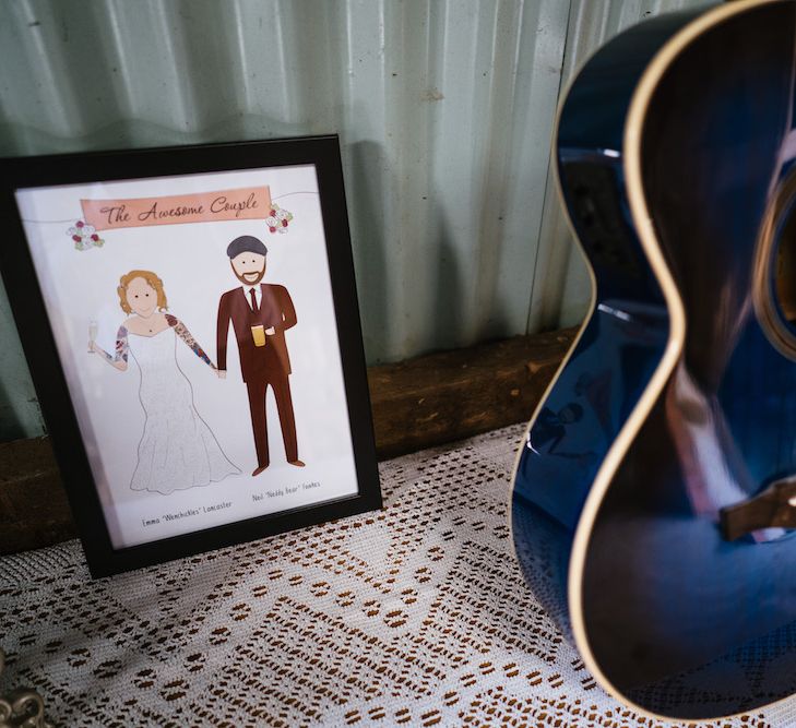 Wedding Reception Decor | Blue Guitar | Edison Bulb Floral Installation at Kingsthorpe Lodge Barn Wedding | Johnny Dent Photography