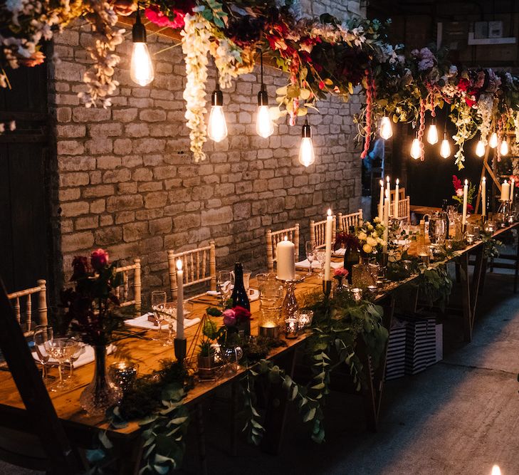 Wedding Reception Decor | Banquet Tables | Edison Bulbs Hanging from Floral Installation | Top Table | Eddison Bulb Floral Installation at Kingsthorpe Lodge Barn Wedding | Johnny Dent Photography