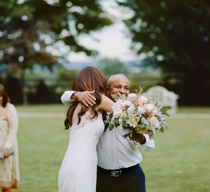 Pronovias Bride // Larkspur &amp; Delphinium Wedding Flowers Elmore Court Gloucestershire Bride Pronovias Calligraphy Pale Press Flowers By The Rose Shed Images David Jenkins