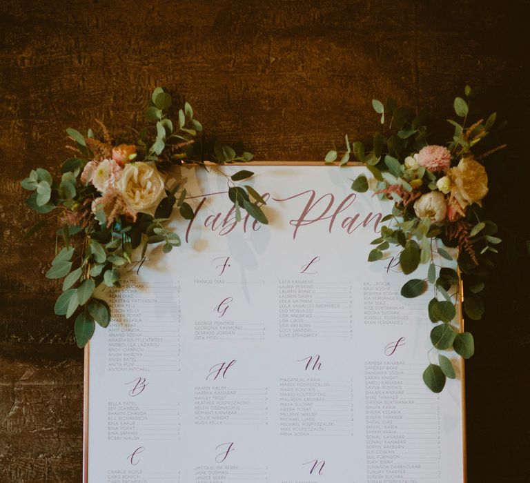 Calligraphy Table Plan By Pale Press London // Elmore Court Gloucestershire Wedding Venue // Larkspur &amp; Delphinium Wedding Flowers Elmore Court Gloucestershire Bride Pronovias Calligraphy Pale Press Flowers By The Rose Shed Images David Jenkins