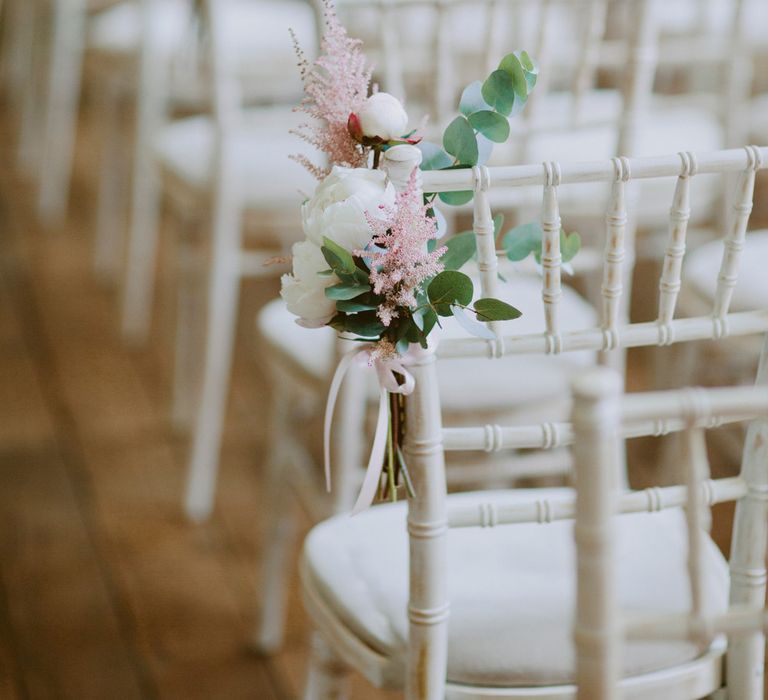 Chair Back Floral Arrangements For Wedding // Larkspur &amp; Delphinium Wedding Flowers Elmore Court Gloucestershire Bride Pronovias Calligraphy Pale Press Flowers By The Rose Shed Images David Jenkins