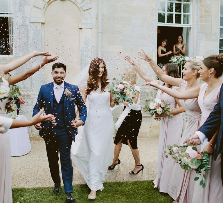 Confetti // Larkspur &amp; Delphinium Wedding Flowers Elmore Court Gloucestershire Bride Pronovias Calligraphy Pale Press Flowers By The Rose Shed Images David Jenkins