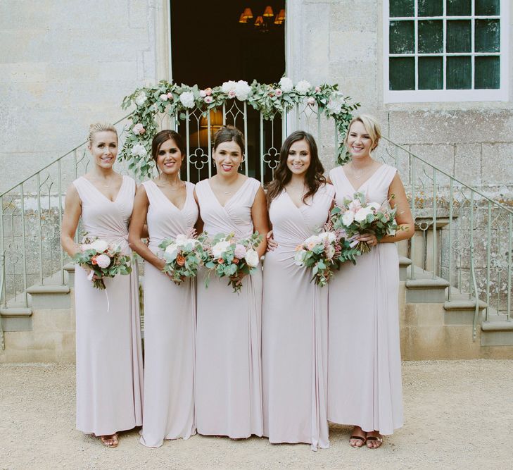 Bridesmaids In Blush Pink Dresses // Larkspur &amp; Delphinium Wedding Flowers Elmore Court Gloucestershire Bride Pronovias Calligraphy Pale Press Flowers By The Rose Shed Images David Jenkins