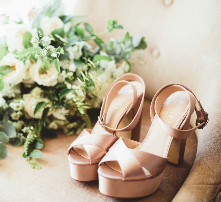 Nude Office Shoes | Bridal Bouquet of White Flowers and Greenery | Quintessential English Country Wedding in Glass Marquee at Family Home | Maryanne Weddings Photography