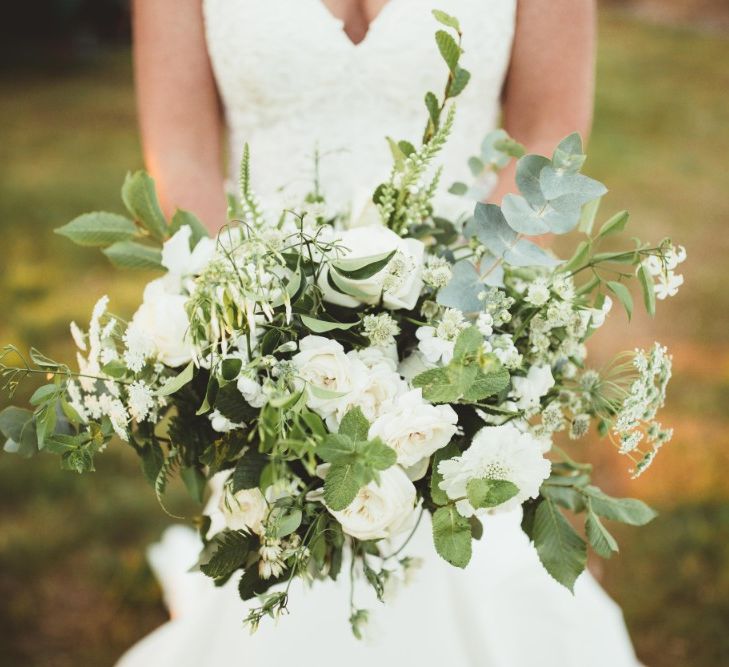 Bridal Bouquet of White Flowers and Greenery | Quintessential English Country Wedding in Glass Marquee at Family Home | Maryanne Weddings Photography