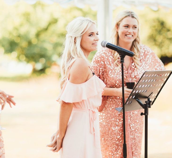 Wedding Reception | Bridesmaids Speech | Bridesmaids in Mismatched Pink Dresses | Quintessential English Country Wedding in Glass Marquee at Family Home | Maryanne Weddings Photography