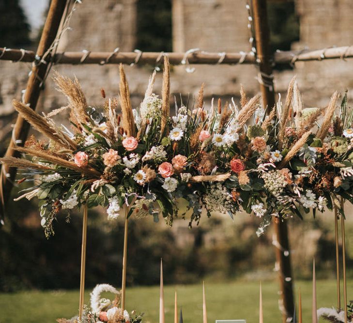 Dried Grasses, Living Coral Flowers and Foliage Installation