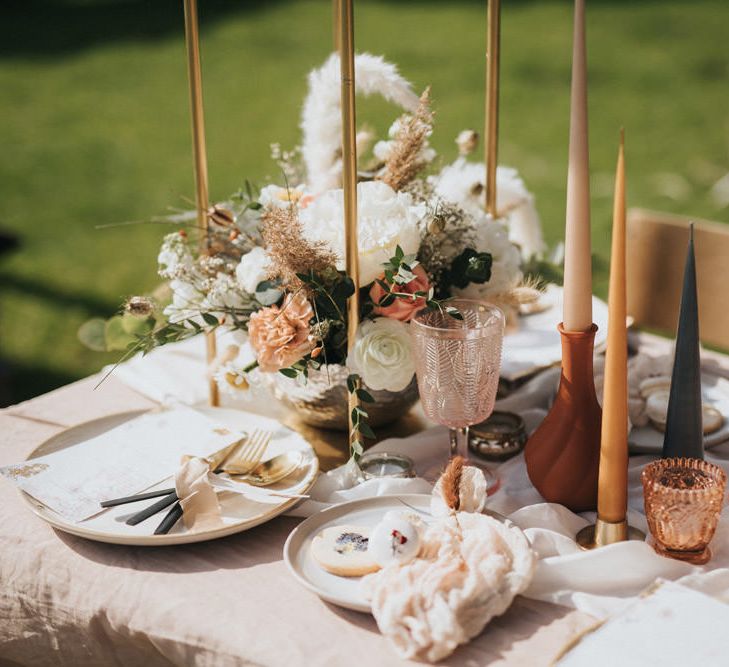 Wedding Table Decor with Colour Glass and Taper Candles