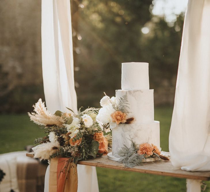 Three Tier Marble Wedding Cake with Dried Flower Decor