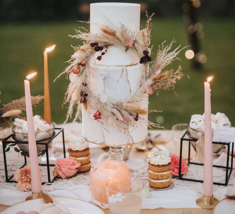 Three Tier Wedding Cake with Dried Grass Hoop Wedding Decor