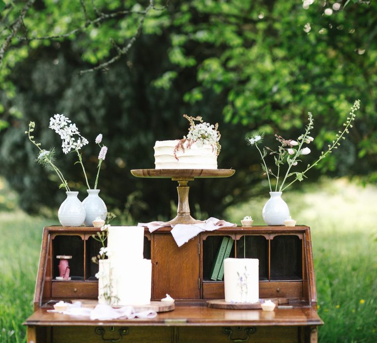 Elegant Peboryon Wedding Cakes on a Vintage Dresser | Timeless English Country Garden Inspiration at Boconnoc House and Estate in Cornwall, Styled by On Serpentine Shores | Debs Alexander Photography