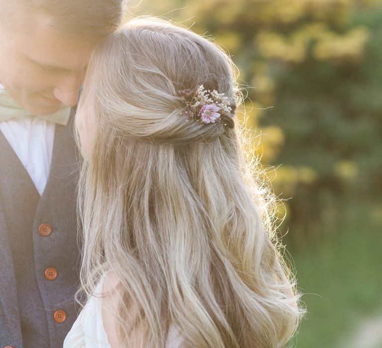 Bridal Hair Half Up Half Down Do by Ro Hair | Groom in Navy Blue Wool Three Piece Suit The Vintage Suit Hire Company | Timeless English Country Garden Inspiration at Boconnoc House and Estate in Cornwall, Styled by On Serpentine Shores | Debs Alexander Photography