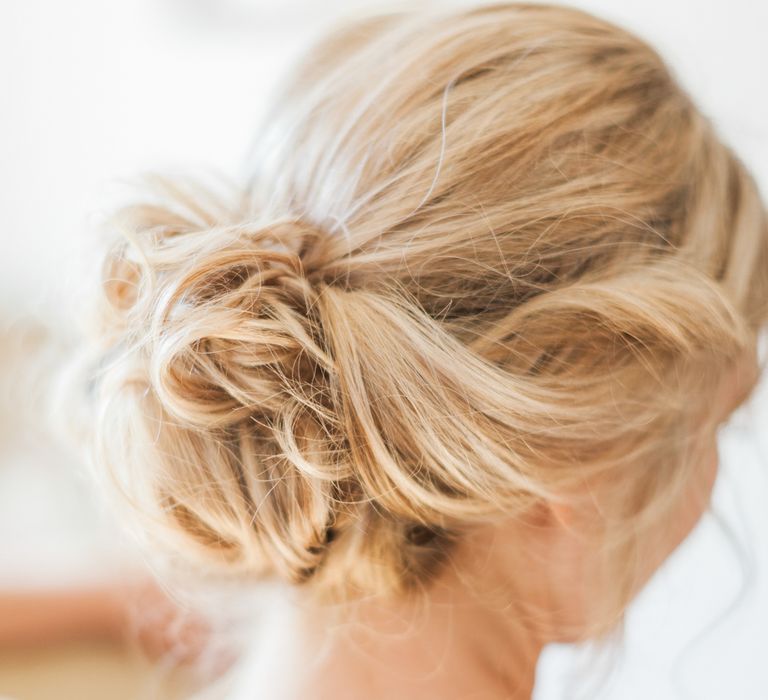 Messy Bun Bridal Up Do | Pink ASOS Bridesmaid Dresses | Pink &amp; White At Home Marquee Wedding by Pretty Creative Styling | Jo Bradbury Photography