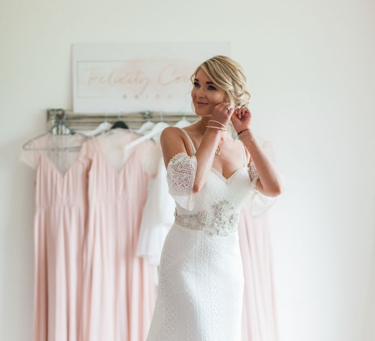 Bride in Bespoke Felicity Cooper Bridal Gown | Pink ASOS Bridesmaid Dresses | Pink &amp; White At Home Marquee Wedding by Pretty Creative Styling | Jo Bradbury Photography