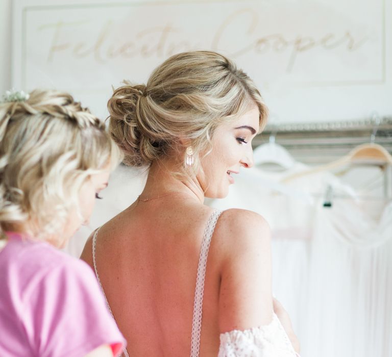 Bride in Bespoke Felicity Cooper Bridal Gown | Pink ASOS Bridesmaid Dresses | Pink &amp; White At Home Marquee Wedding by Pretty Creative Styling | Jo Bradbury Photography