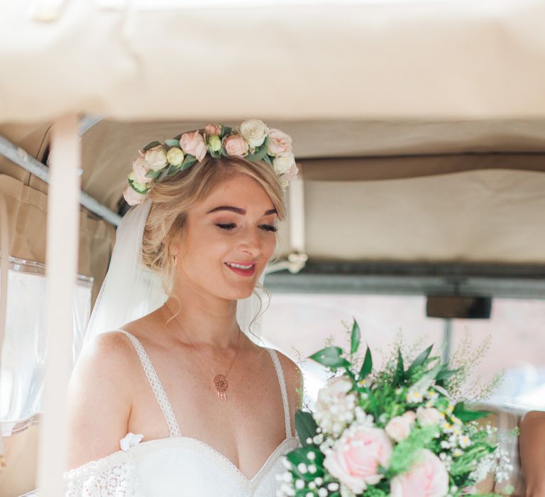 Bride in Bespoke Felicity Cooper Bridal Gown | Pink ASOS Bridesmaid Dresses | Pink &amp; White At Home Marquee Wedding by Pretty Creative Styling | Jo Bradbury Photography