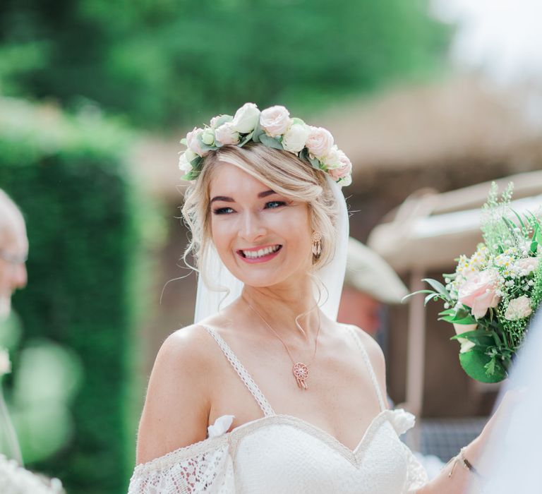 Bride in Bespoke Felicity Cooper Bridal Gown | Pink ASOS Bridesmaid Dresses | Pink &amp; White At Home Marquee Wedding by Pretty Creative Styling | Jo Bradbury Photography