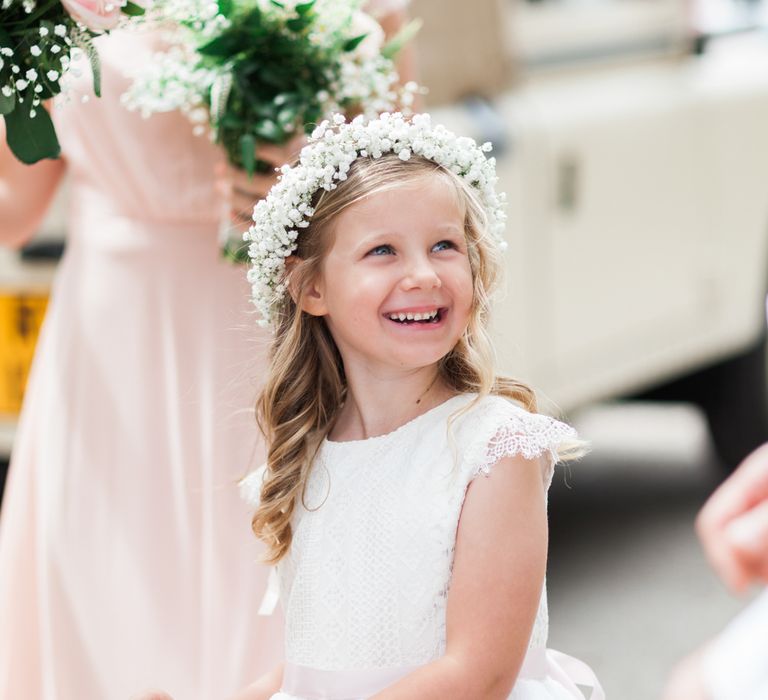 Cute Flower Girl with Gypsophila Flower Crown | Pink ASOS Bridesmaid Dresses | Pink &amp; White At Home Marquee Wedding by Pretty Creative Styling | Jo Bradbury Photography