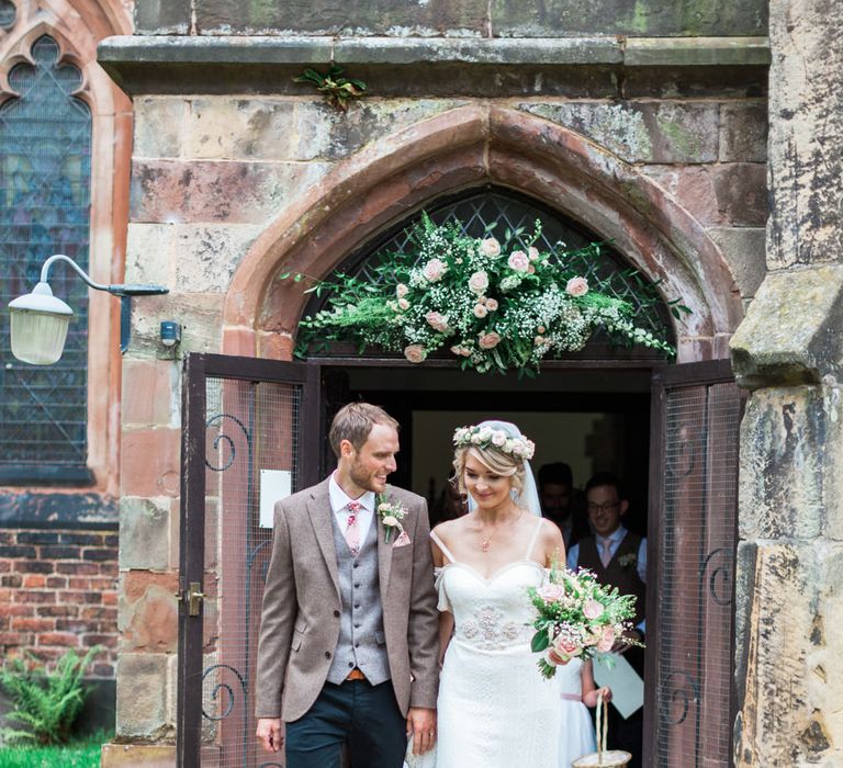 Bride in Bespoke Felicity Cooper Bridal Gown | Groom in Tween Waistcoat &amp; Blazer | Pink ASOS Bridesmaid Dresses | Pink &amp; White At Home Marquee Wedding by Pretty Creative Styling | Jo Bradbury Photography