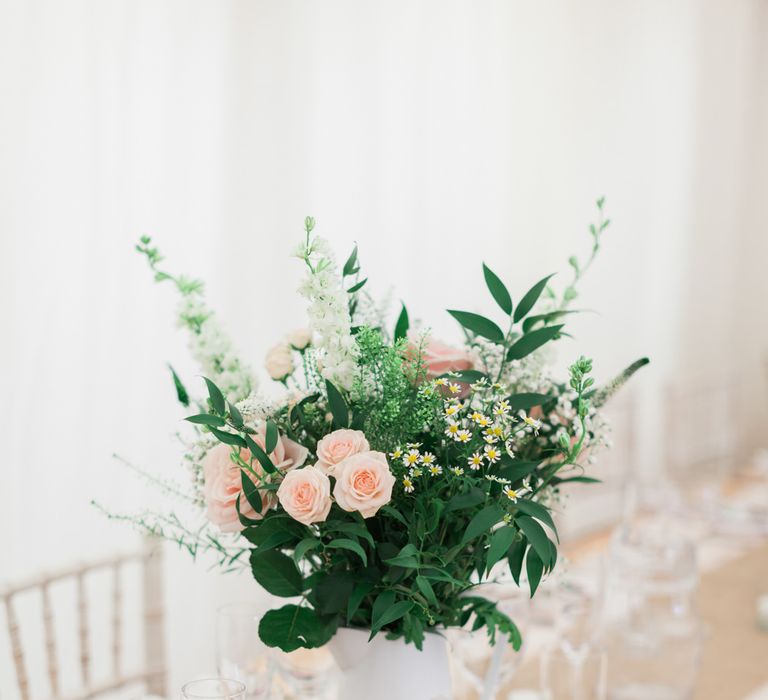 Hessian Table Runner &amp; Flowers in Pitcher Jugs | Pink &amp; White At Home Marquee Wedding by Pretty Creative Styling | Jo Bradbury Photography