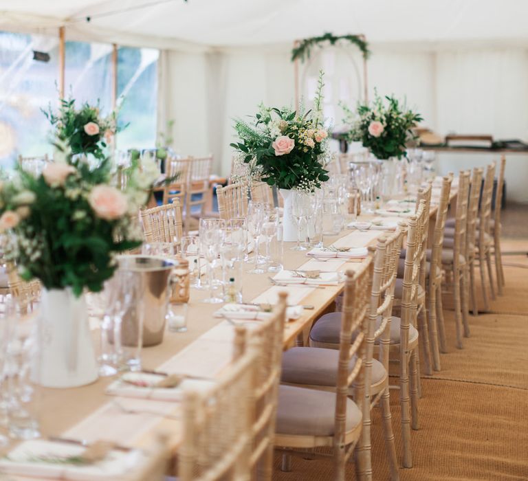 Floral Centrepieces | Pink &amp; White At Home Marquee Wedding by Pretty Creative Styling | Jo Bradbury Photography