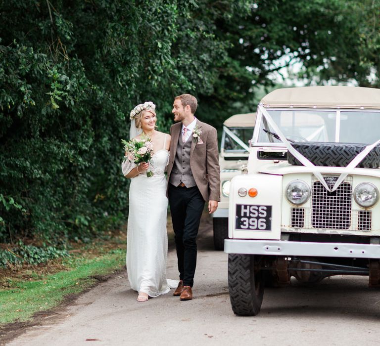 Land Rover Wedding Car | Bride in Bespoke Felicity Cooper Bridal Gown | Pink &amp; White At Home Marquee Wedding by Pretty Creative Styling | Jo Bradbury Photography