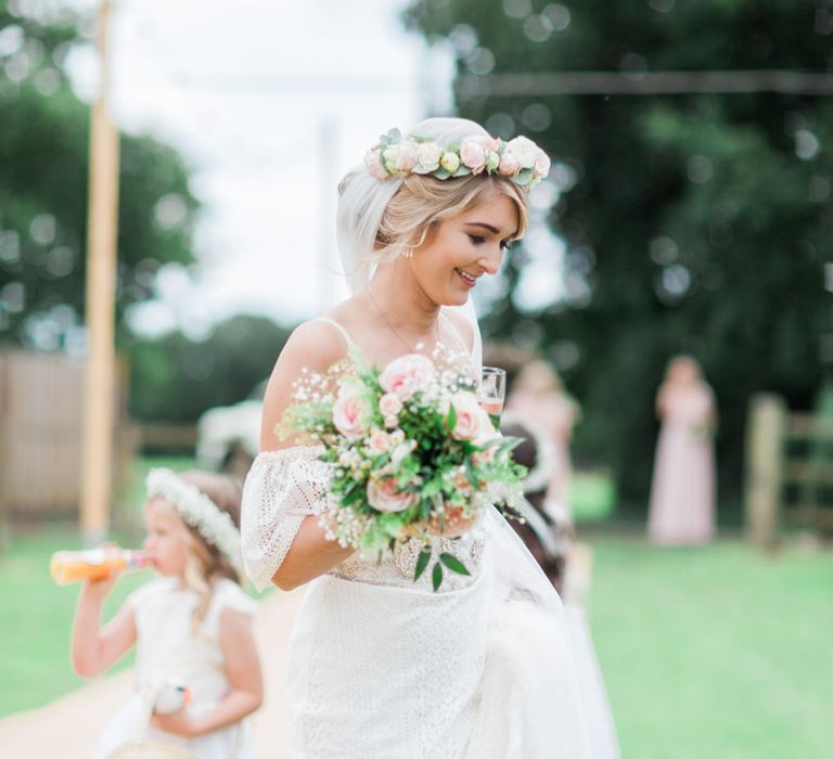 Bride in Bespoke Felicity Cooper Bridal Gown | Pink &amp; White At Home Marquee Wedding by Pretty Creative Styling | Jo Bradbury Photography