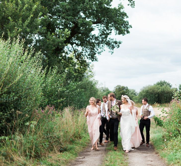 Wedding Party | Bride in Bespoke Felicity Cooper Bridal Gown | Bridesmaids in Pink ASOS Dresses | Groomsmen in Tweed | Pink &amp; White At Home Marquee Wedding by Pretty Creative Styling | Jo Bradbury Photography