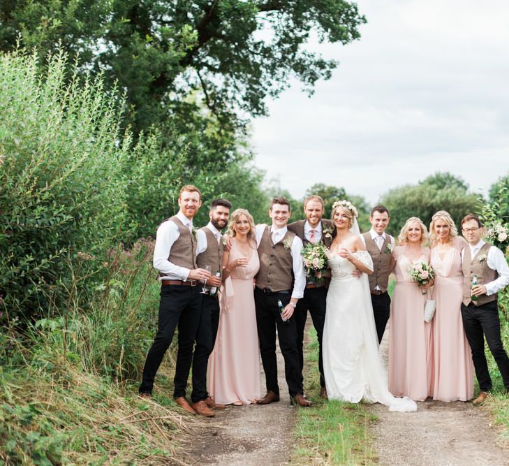 Wedding Party | Bride in Bespoke Felicity Cooper Bridal Gown | Bridesmaids in Pink ASOS Dresses | Groomsmen in Tweed | Pink &amp; White At Home Marquee Wedding by Pretty Creative Styling | Jo Bradbury Photography