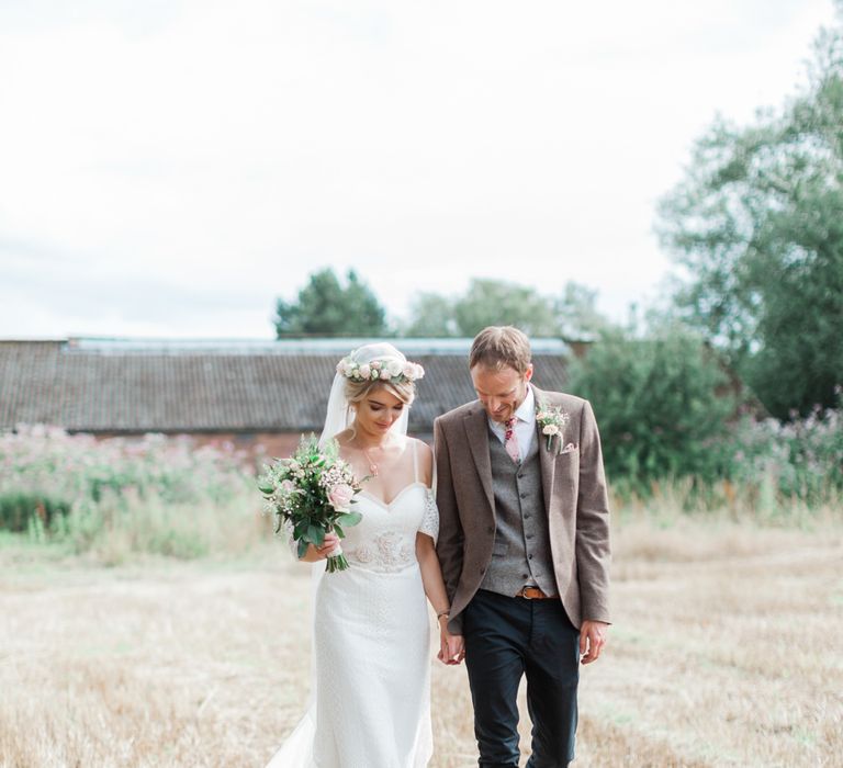 Bride in Bespoke Felicity Cooper Bridal Gown | Groom in Tween Waistcoat &amp; Blazer | Pink ASOS Bridesmaid Dresses | Pink &amp; White At Home Marquee Wedding by Pretty Creative Styling | Jo Bradbury Photography