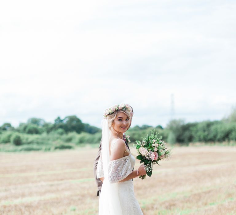 Bride in Bespoke Felicity Cooper Bridal Gown | Pink ASOS Bridesmaid Dresses | Pink &amp; White At Home Marquee Wedding by Pretty Creative Styling | Jo Bradbury Photography