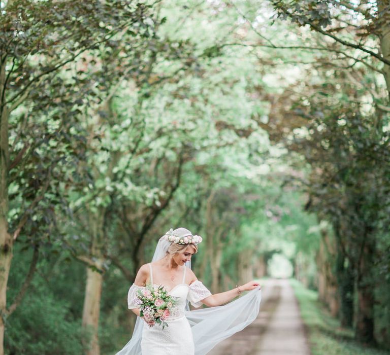 Bride in Bespoke Felicity Cooper Bridal Gown | Pink ASOS Bridesmaid Dresses | Pink &amp; White At Home Marquee Wedding by Pretty Creative Styling | Jo Bradbury Photography