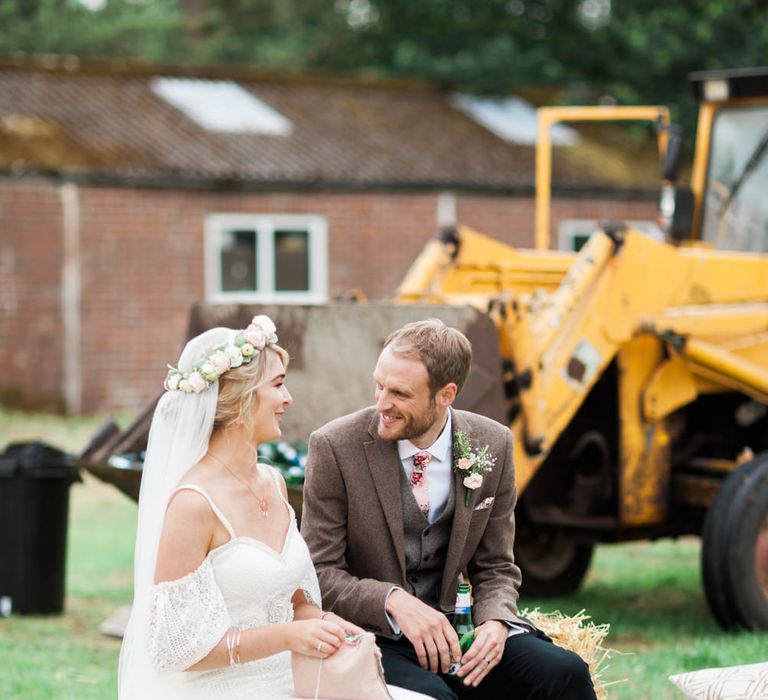 Bride in Bespoke Felicity Cooper Bridal Gown | Groom in Tween Waistcoat &amp; Blazer | Pink ASOS Bridesmaid Dresses | Pink &amp; White At Home Marquee Wedding by Pretty Creative Styling | Jo Bradbury Photography