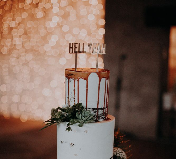 Semi Naked Wedding Cake with Gold Drip Icing  | Fairy Lights Backdrop | Destination Wedding at The Modern Heirloom at Overgaauw Wine Estate in South Africa | Fiona Clair Photography