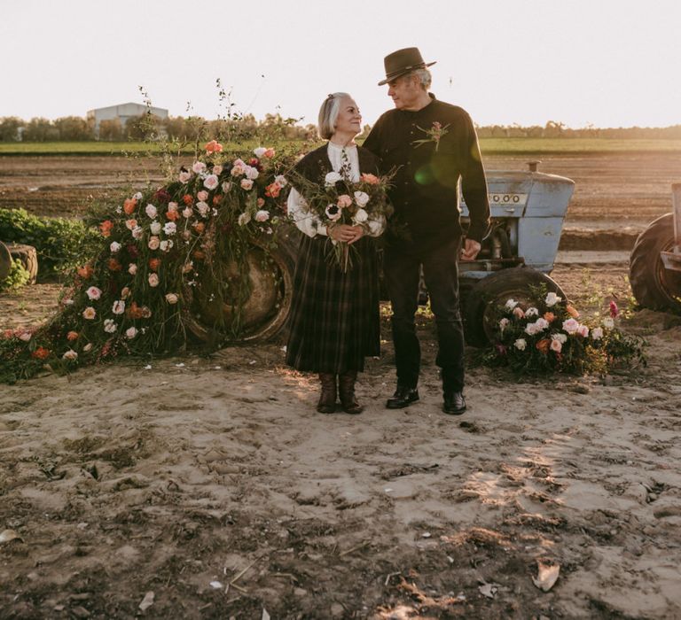 Flower covered tractor for vow renewal