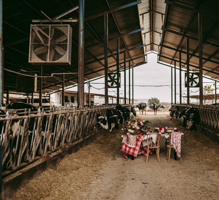 Tablescape in a cattle barn