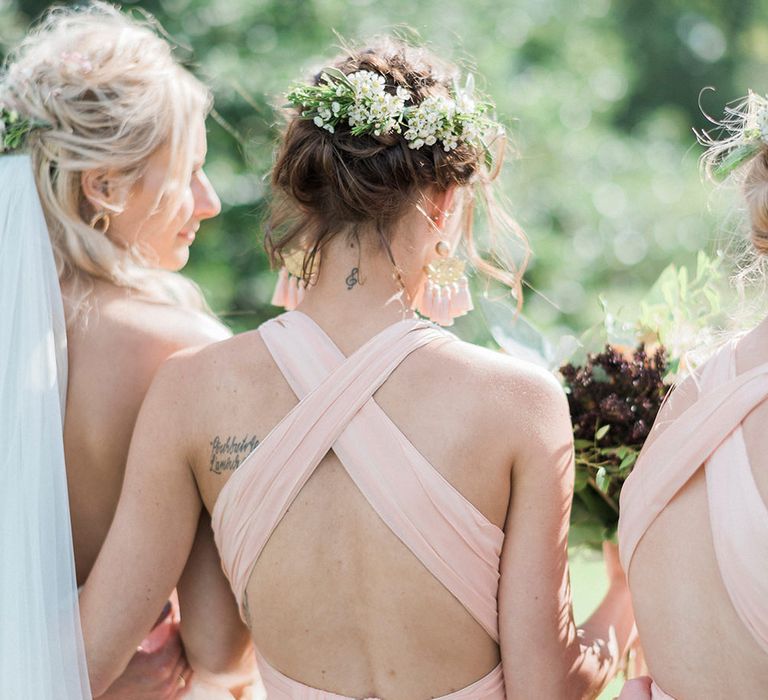 Bridesmaids In Pale Pink Dresses // Macrame Ceremony Backdrop Rustic Hippie Wedding The Great Barn Dream Catchers And Oversized Florals Bride In Essence Of Australia Images Kathryn Hopkins