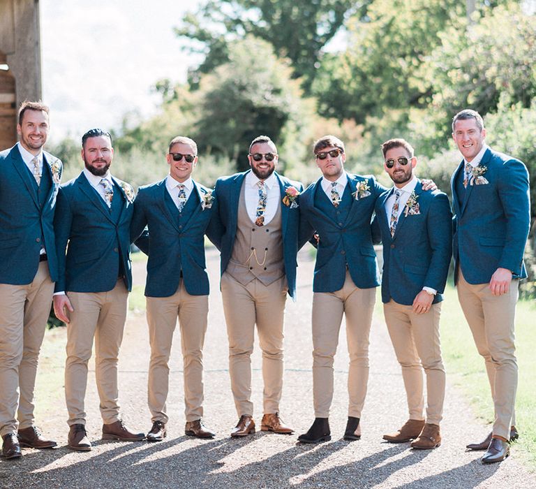 Groom &amp; Groomsmen In Beige Chinos With Blue Jackets // Macrame Ceremony Backdrop Rustic Hippie Wedding The Great Barn Dream Catchers And Oversized Florals Bride In Essence Of Australia Images Kathryn Hopkins