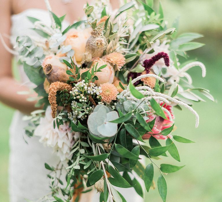 Protea Wedding Bouquet // Macrame Ceremony Backdrop Rustic Hippie Wedding The Great Barn Dream Catchers And Oversized Florals Bride In Essence Of Australia Images Kathryn Hopkins