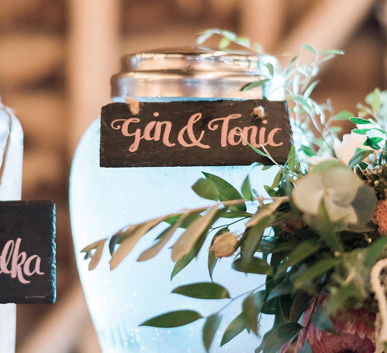 Gin &amp; Tonic // Cocktail Bar At Wedding // Macrame Ceremony Backdrop Rustic Hippie Wedding The Great Barn Dream Catchers And Oversized Florals Bride In Essence Of Australia Images Kathryn Hopkins