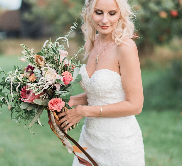 Protea Wedding Bouquet // Macrame Ceremony Backdrop Rustic Hippie Wedding The Great Barn Dream Catchers And Oversized Florals Bride In Essence Of Australia Images Kathryn Hopkins