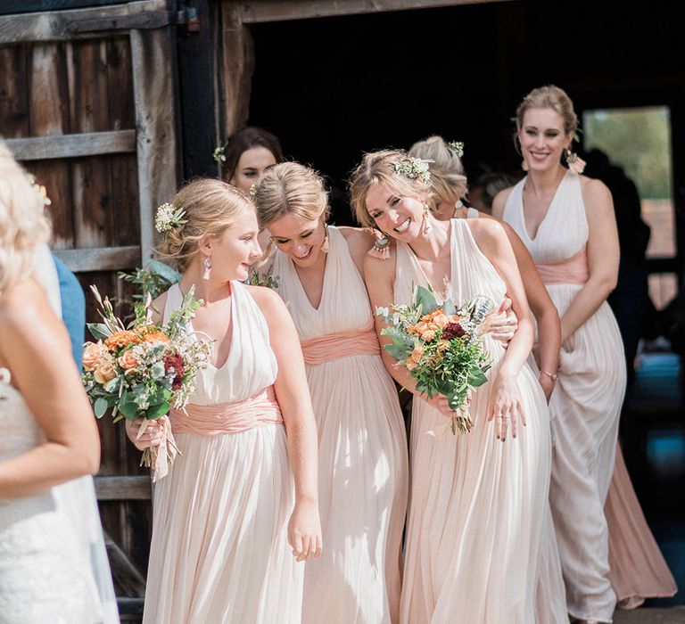 Bridesmaids In Blush Pink // Macrame Ceremony Backdrop Rustic Hippie Wedding The Great Barn Dream Catchers And Oversized Florals Bride In Essence Of Australia Images Kathryn Hopkins