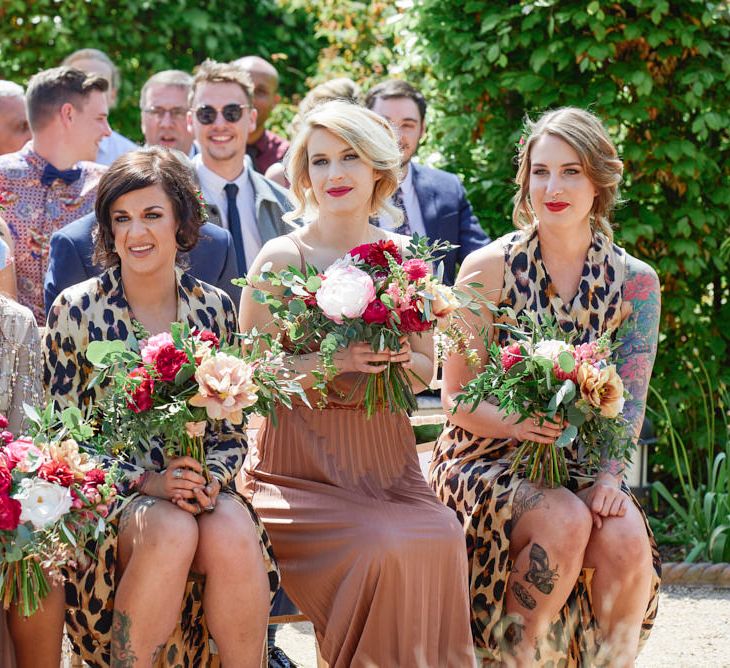 Bridesmaids In Leopard Print Dresses // Kimono Sleeve Wedding Dress By Rue De Seine Bohemian Wedding At The Walled Garden Nottingham Images From Rose Images Wedding Photography