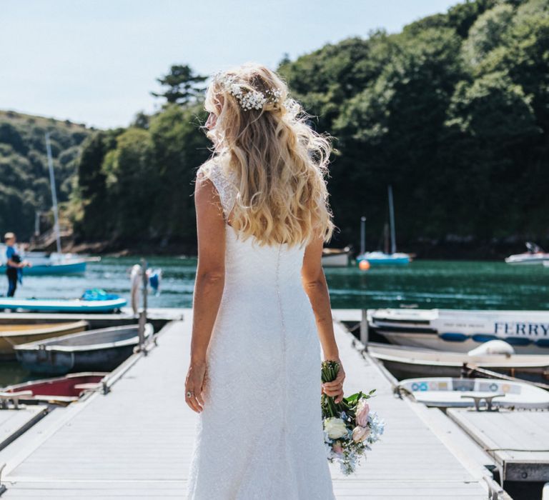 Bride in Sophia Tolli Galene Wedding Dress Standing on the Dock