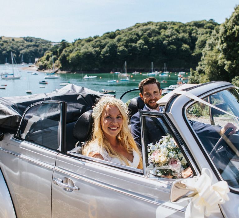 Bride and Groom in Convertible VW Transport