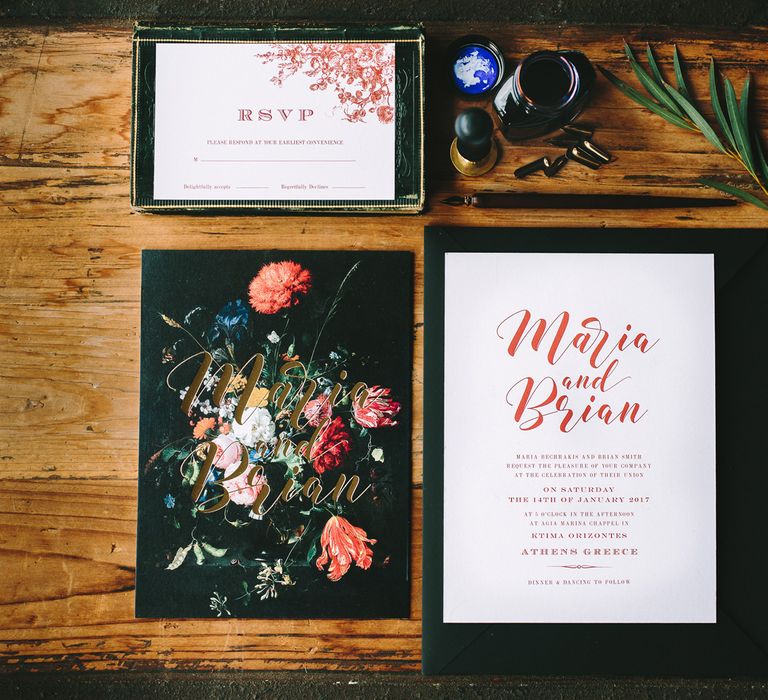 Black Wedding Stationery with Floral Motif and Red Font