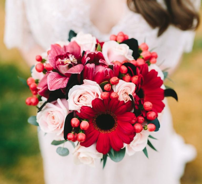 Pink and Red Bridal Bouquet with Gerberas and Roses